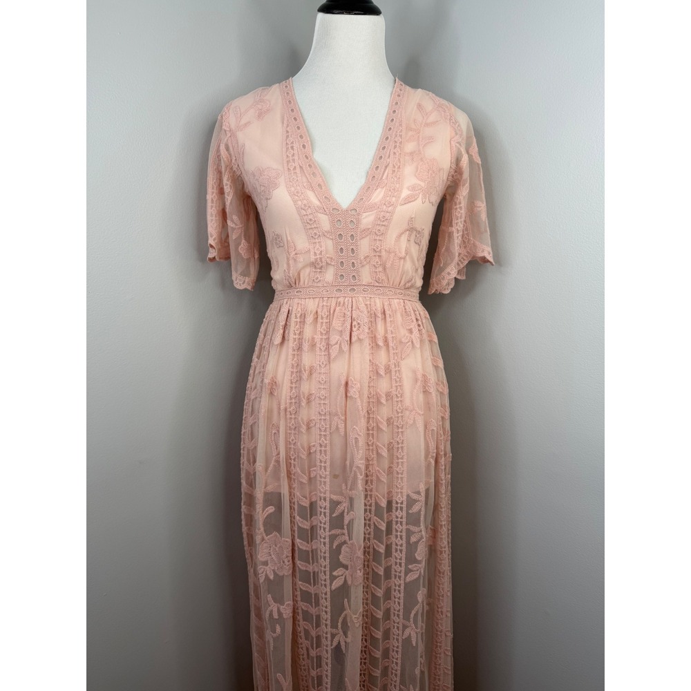 GB Gianni Bini Pink Lace Floral Embroidered Maxi Dress Romper Lining XS Boho - Picture 2 of 16